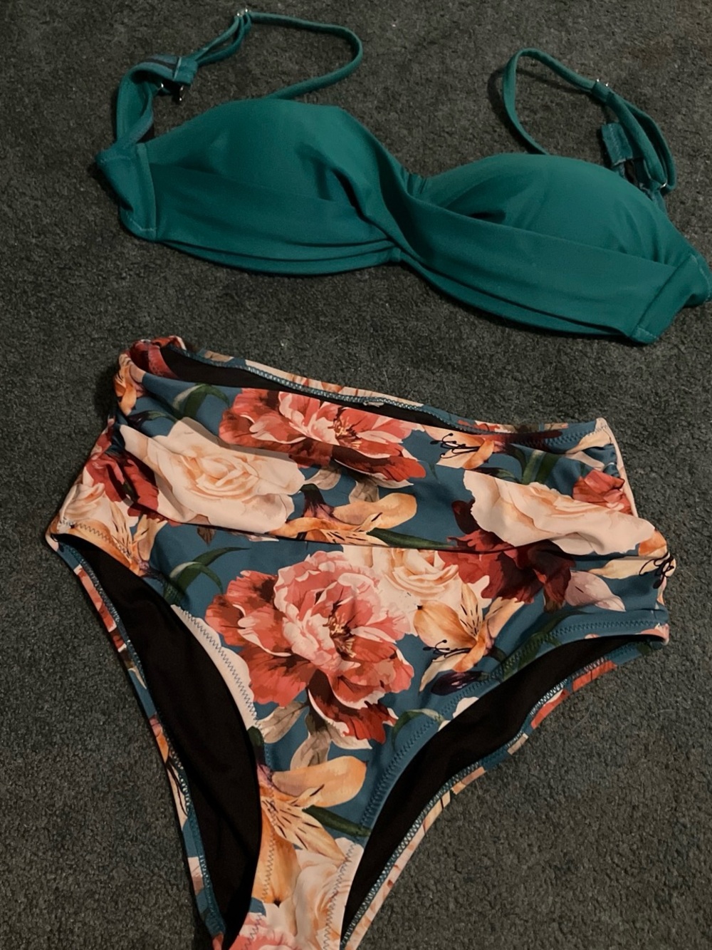 Modcloth Teal Bikini Top with Floral High-Waist Bottom